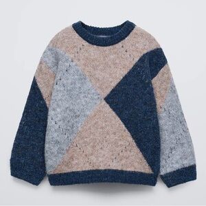 Zara 4T Navy Beige Grey Knit Argyle Sweater